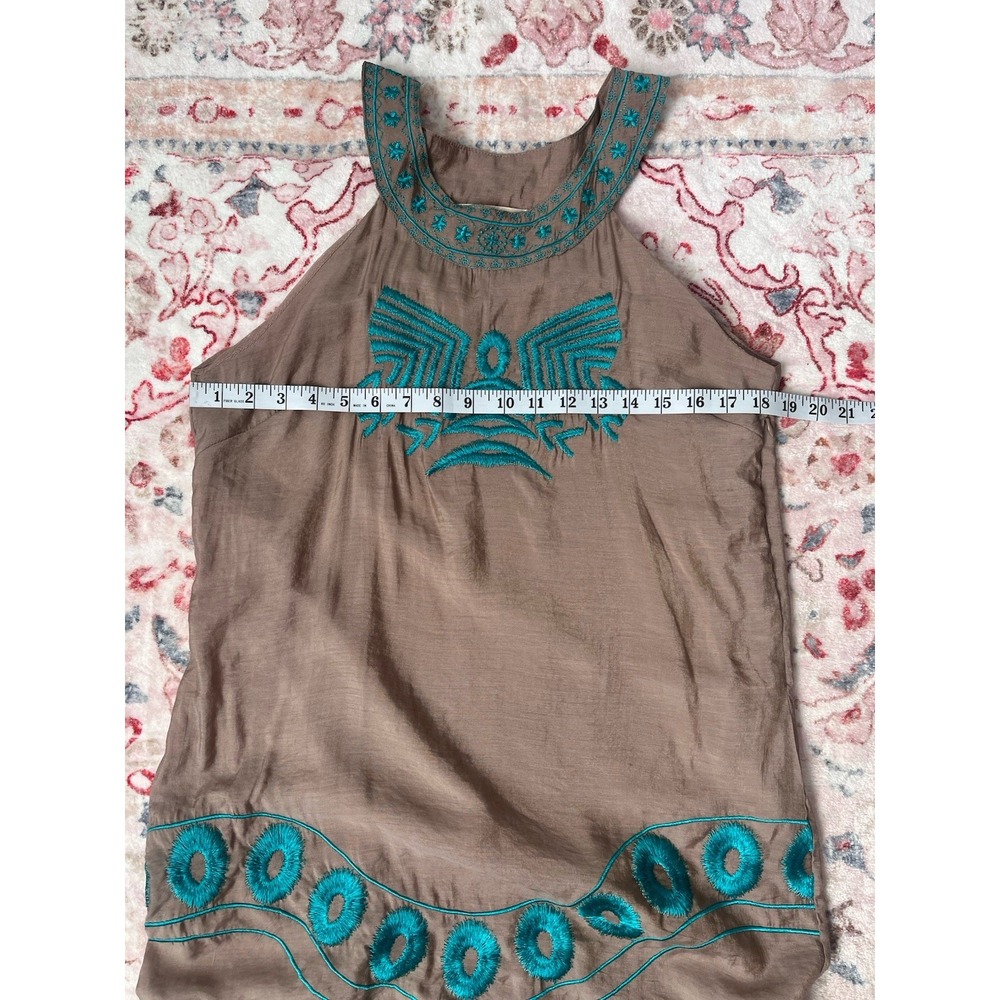 Urban Mangoz Women's M Sleeveless Dress Tan Turquoise Embroidered Casual Tunic - Picture 5 of 8